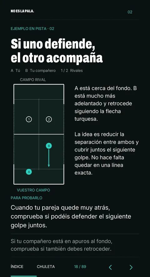 Página 18: si uno defiende, el otro acompaña, con diagrama de pista